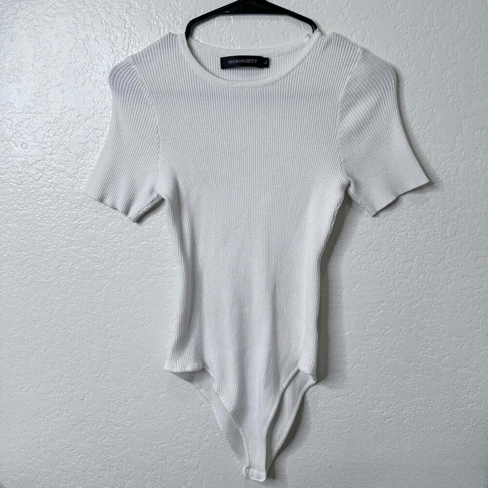 Women's White Short Sleeve Ribbed Crew Neck Bodysuit - M/L